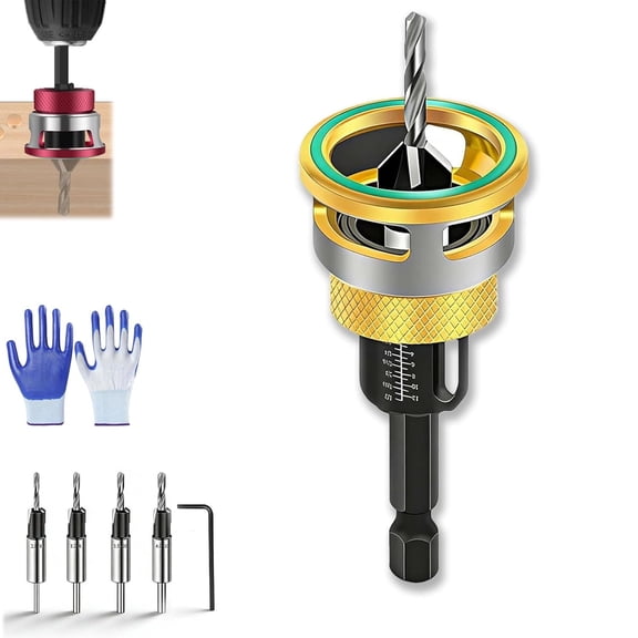 Two-Flute Counterbore with Depth Stop, 4PCS Four-Flute Tapered Drill Bits and Adjustable Depth Stop Collar, Tapered Head 3/8” 82° Counter-Bore, 1/4-Inch Hex Shank for Woodworking & Cabinetry (Yellow)