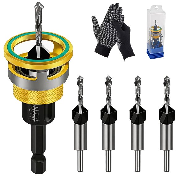 Two-Flute Counterbore with Depth Stop, 4PCS Four-Flute Tapered Drill Bits Set, HSS M2 Countersink Drill Bit with Adjustable Depth Stop Collar, for Woodworking Cabinetry DIY, 1/4" Hex Shank (Gold)