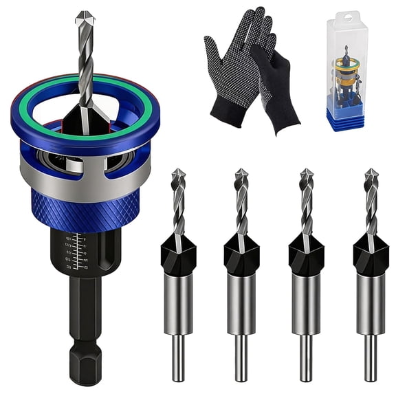 Two-Flute Counterbore with Depth Stop, 4PCS Four-Flute Tapered Drill Bits Set, HSS M2 Countersink Drill Bit with Adjustable Depth Stop Collar, for Woodworking Cabinetry DIY, 1/4" Hex Shank (Blue)