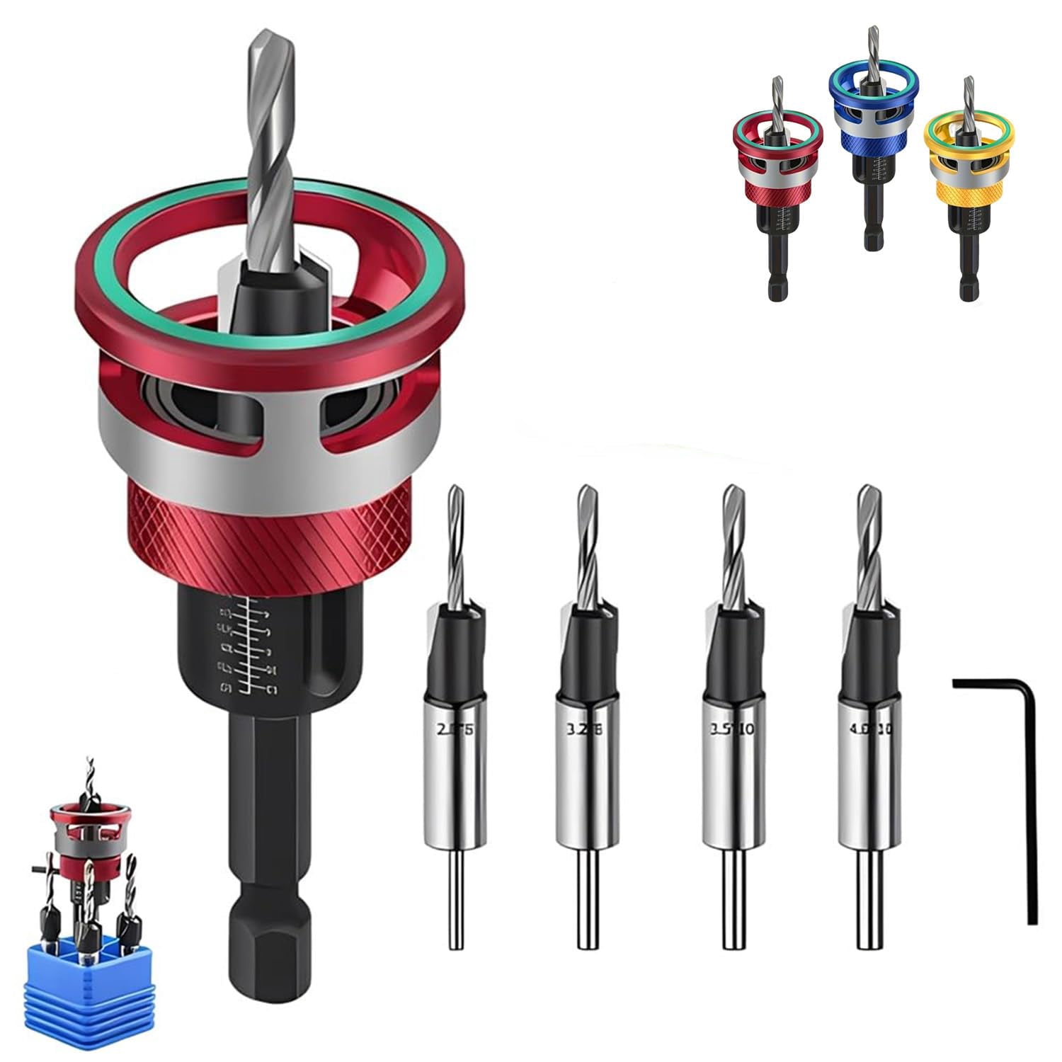 Two-Flute Counterbore with Depth Stop, 4PCS HSS Countersink Drill Bit Set Adjustable Stop Collar 1/4 Inch Hex Shank Anti-Scratch for Woodworking Cabinetry DIY