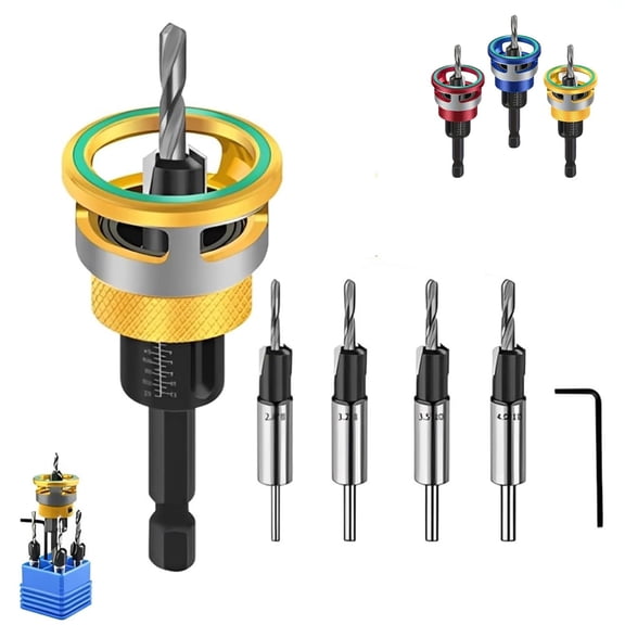 Two-Flute Counterbore with Depth Stop, 4PCS HSS Countersink Drill Bit Set Adjustable Stop Collar 1/4 Inch Hex Shank Anti-Scratch for Woodworking Cabinetry DIY