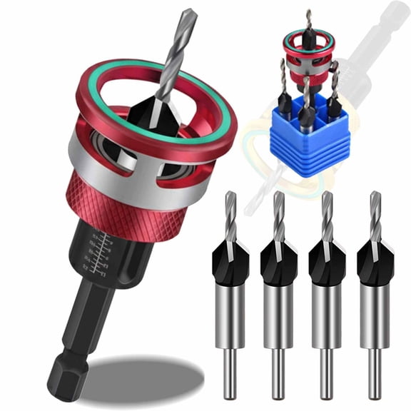 Two-Flute Counterbore with Depth Stop, Adjustable Countersink Drill Bit Set with 1/4 Inch Hex Shank, Carbon Steel Tapered Design for Woodworking, Suitable for Softwood Hardwood MDF Aluminum