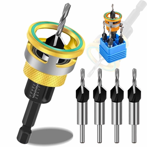 Two-Flute Counterbore with Depth Stop, Adjustable Countersink Drill Bit Set with 1/4 Inch Hex Shank, Carbon Steel Tapered Design for Woodworking, Suitable for Softwood Hardwood MDF Aluminum