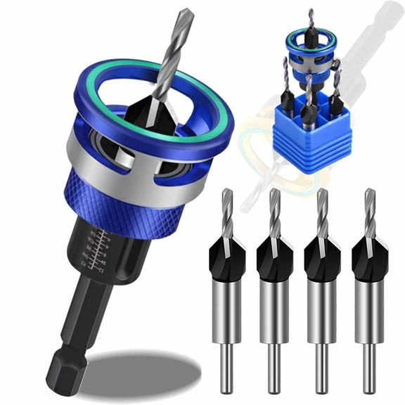 Two-Flute Counterbore with Depth Stop, Adjustable Countersink Drill Bit Set with 1/4 Inch Hex Shank, Carbon Steel Tapered Design for Woodworking, Suitable for Softwood Hardwood MDF Aluminum