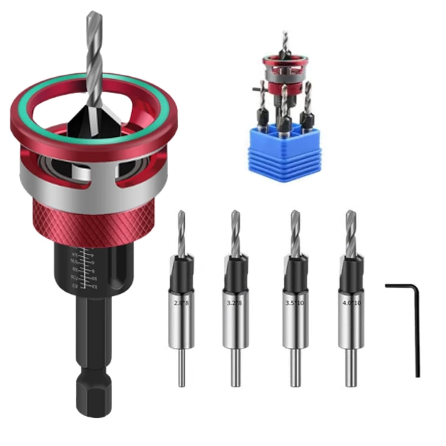 Two-Flute Counterbore with Depth Stop, Adjustable Depth, Carbon Steel Tapered Countersink Hole Drill Bit with 1/4 Inch Hex Shank for Woodworking Tools, Softwood and Hardwood ,Red