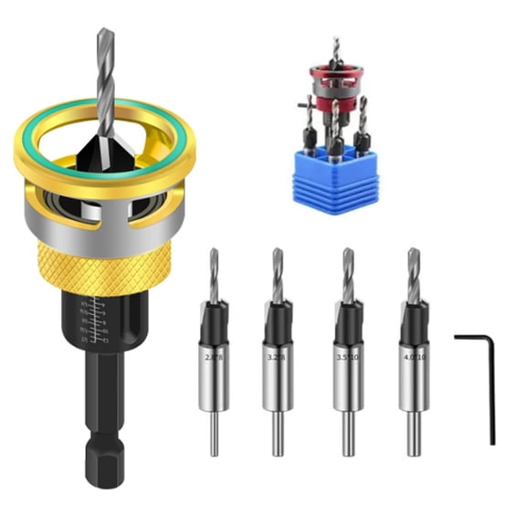 Two-Flute Counterbore with Depth Stop, Adjustable Depth, Carbon Steel Tapered Countersink Hole Drill Bit with 1/4 Inch Hex Shank for Woodworking Tools, Softwood and Hardwood ,Gold