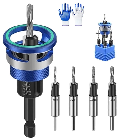 Two-Flute Counterbore with Depth Stop, Adjustable Tapered Wood Drill Bit with No-Mar Rubber Stop for Precise Countersinking, 1/4-Inch Hex Shank for Woodworking, Cabinetry & DIY (Blue)