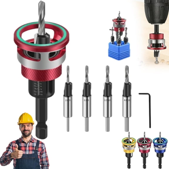 Two-Flute Counterbore with Depth Stop, Alloy Steel 4 Flute Countersink Bit, Adjustable Depth Countersink Drill Bit, Wood Countersink Bit with Wrench for 82 Degree Woodworking MDF DIY (Red)