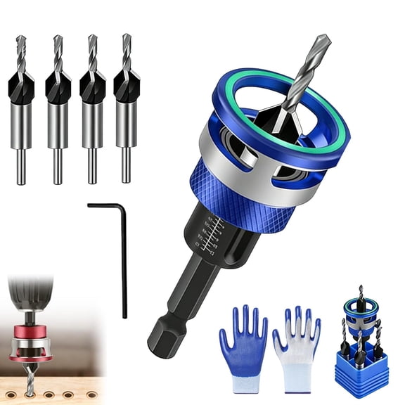 Two-Flute Counterbore with Depth Stop, Countersink Drill Bit Set, 4PCS Four-Flute Tapered Drill Bits and Adjustable Depth Stop Collar, for Woodworking, DIY (Blue)