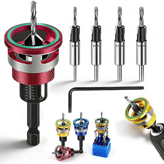 Two-Flute Counterbore with Depth Stop, Countersink Drill Bit Set, 4PCS Four-Flute Tapered Drill Bits and Adjustable Depth Stop Collar, for Woodworking Tools, Softwood and Hardwood (Red)