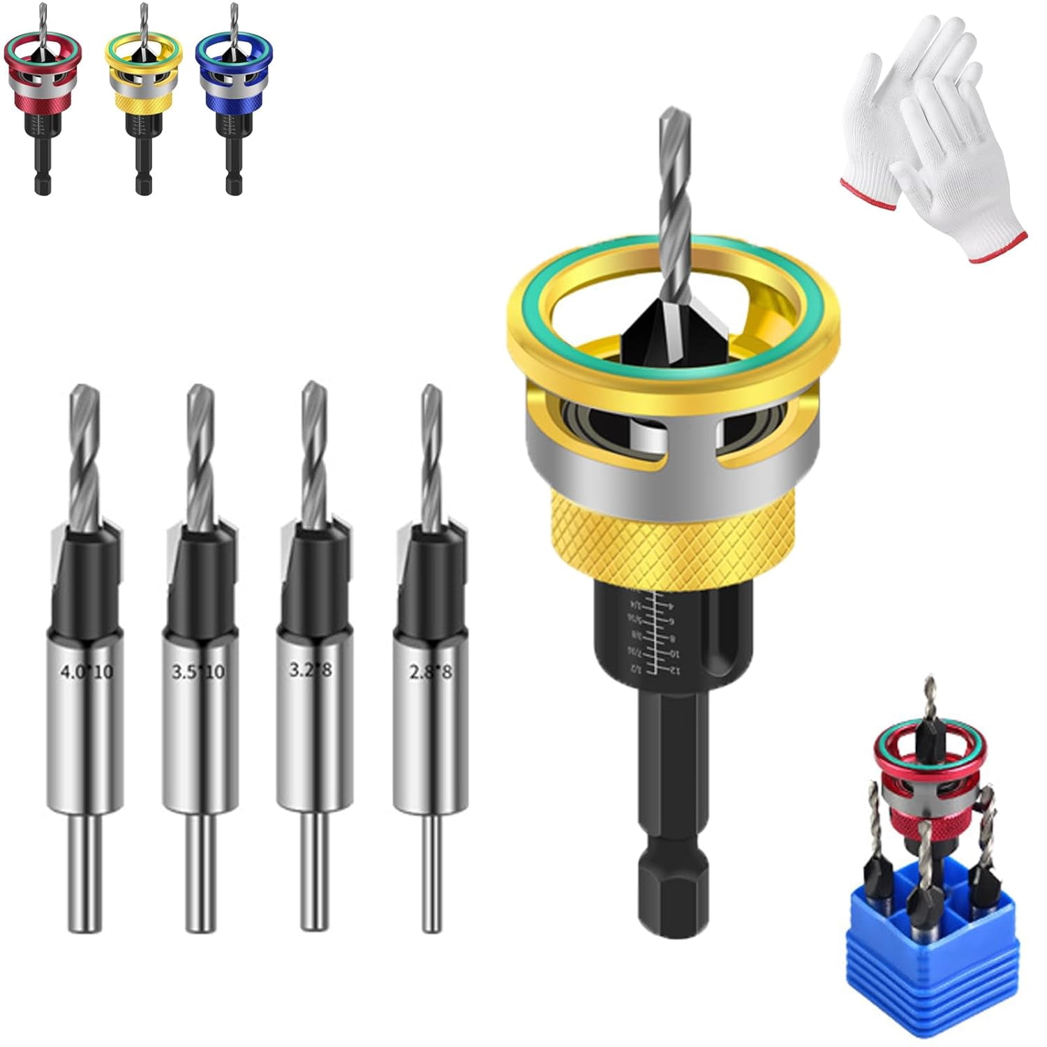 Two-Flute Counterbore with Depth Stop, Countersink Drill Bits Set, 4PCS Four-Flute Tapered Drill Bits and Adjustable Depth Stop Collar, for Woodworking, Cabinetry, DIY,Gold