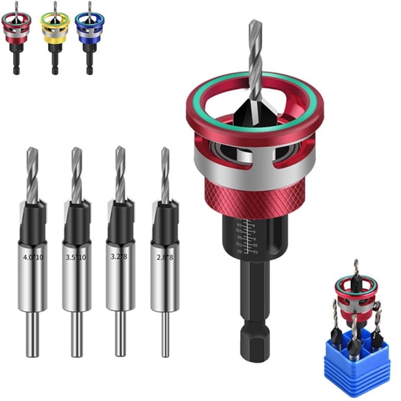 Two-Flute Counterbore with Depth Stop, Countersink Drill Bits Set, 4PCS Four-Flute Tapered Drill Bits and Adjustable Depth Stop Collar for Woodworking Cabinetry DIY