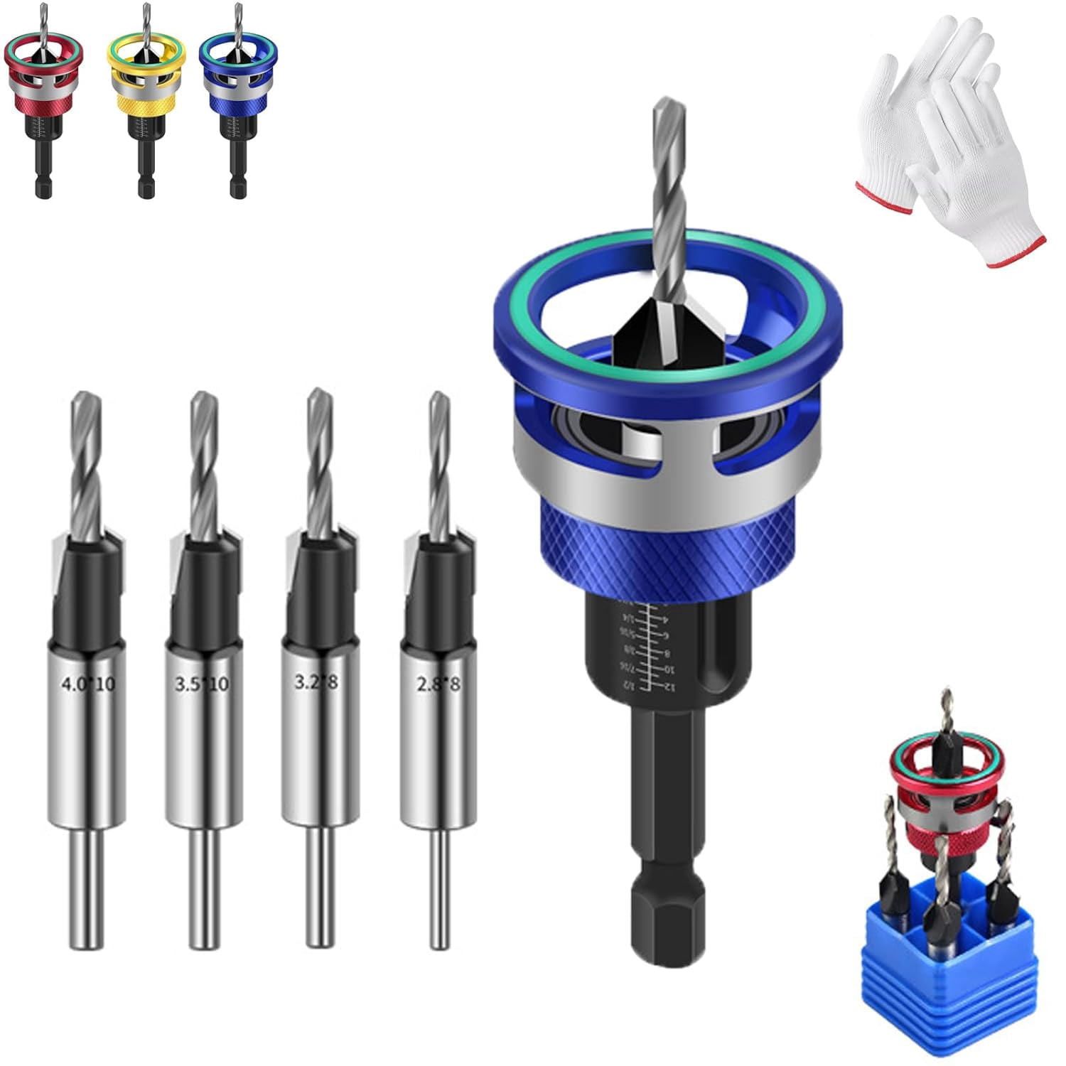 Two-Flute Counterbore with Depth Stop, Countersink Drill Bits Set, 4PCS Four-Flute Tapered Drill Bits and Adjustable Depth Stop Collar, for Woodworking, Cabinetry, DIY,Blue