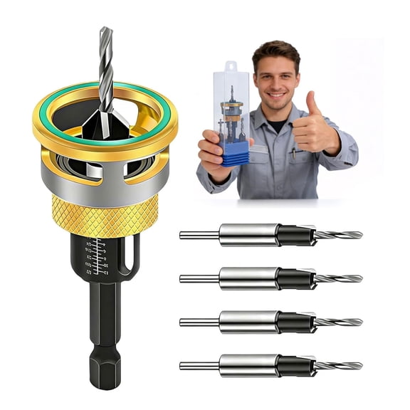 Two-Flute Counterbore with Depth Stop, Countersink Drill Bits Set, Four-Flute Tapered Drill Bits and Adjustable Depth Stop Collar, Wood Countersink Bit with Wrench for 82 Degree Woodworking (Gold)