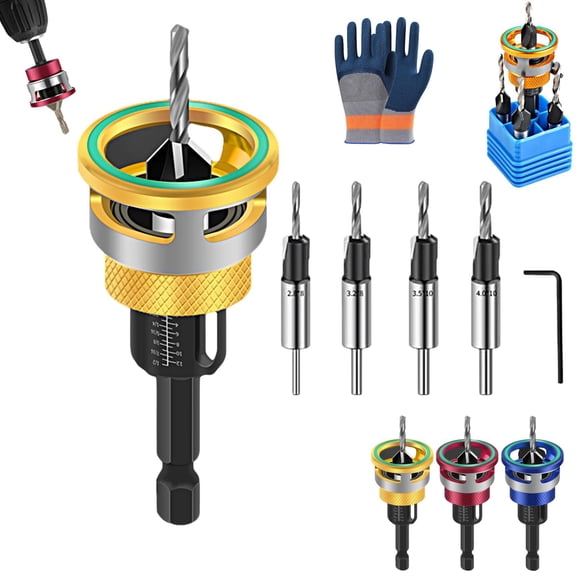Two-Flute Counterbore with Depth Stop, 4-Piece Countersink Drill Bit Set with Adjustable Depth Collar, HSS Tapered Bits for Woodworking Cabinetry DIY