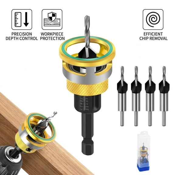 Two-Flute Counterbore with Depth Stop, Countersink Drill Bit Set for Wood, 4 PCS Countersink Drill Bit, for Woodworking Tools & Hand Tools