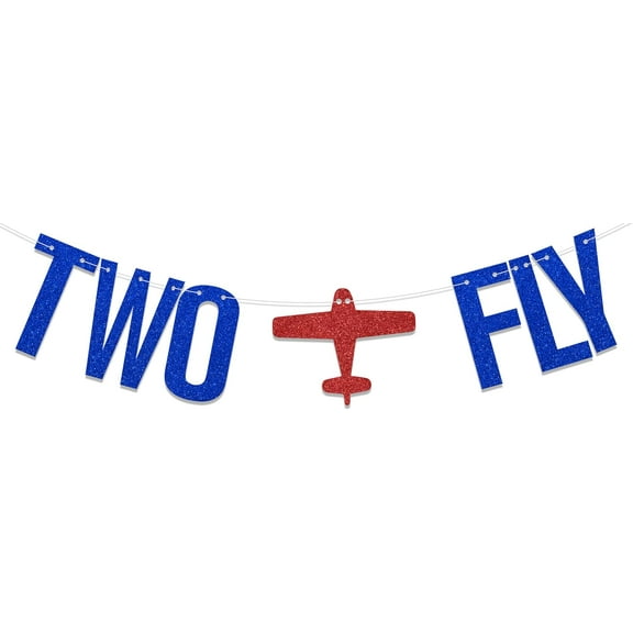Two Fly Banner, 2nd Birthday Party Decorations, Funny Airplane Theme 2nd Birthday Decorations, Kids Two Year Old Party Decor Supplies Blue Red