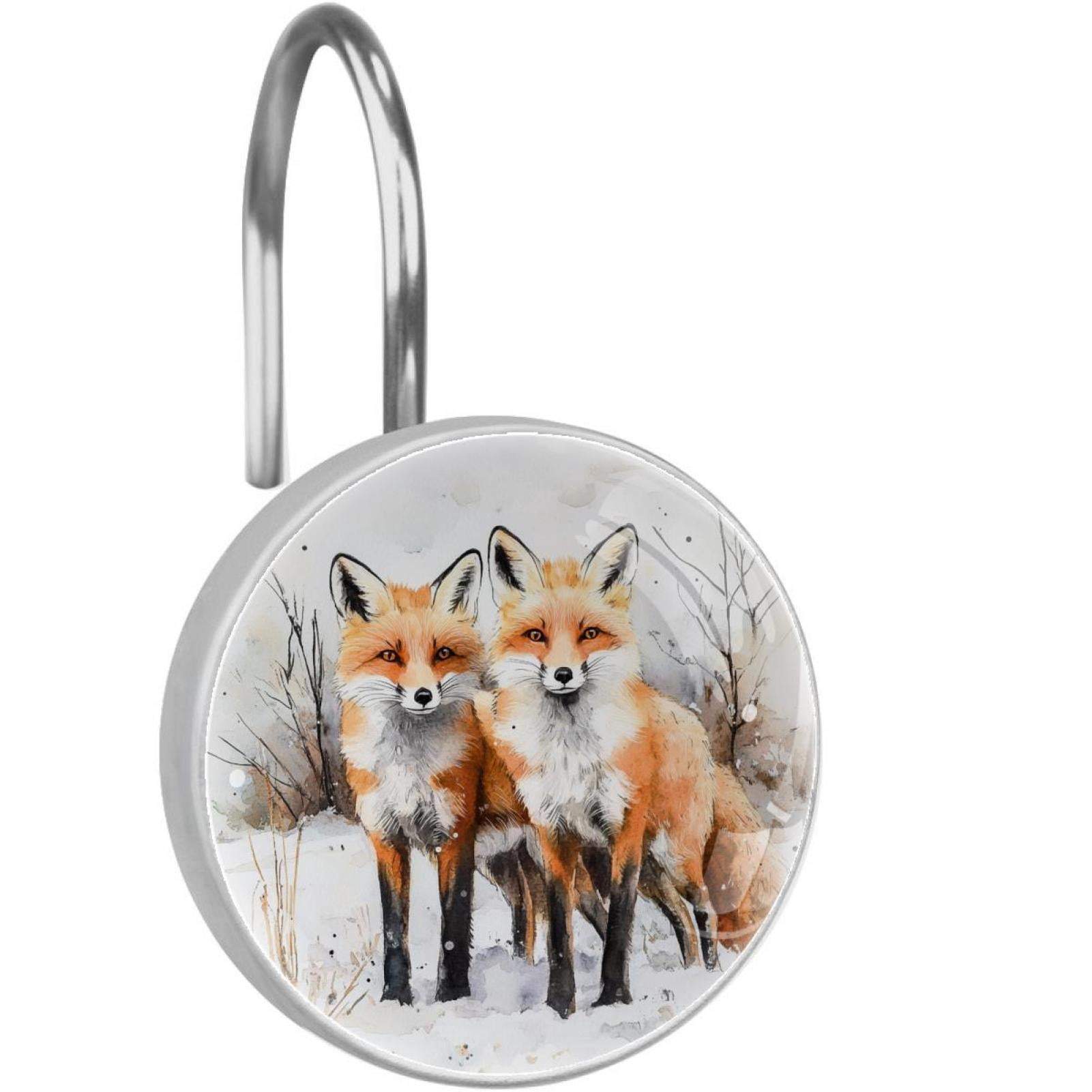 Two Fox Standing on Snow Shower Curtain Hooks Round Crystal Glass, Set of 12 Shower Curtain Rings - Shower Hooks for Curtain Shower Rings