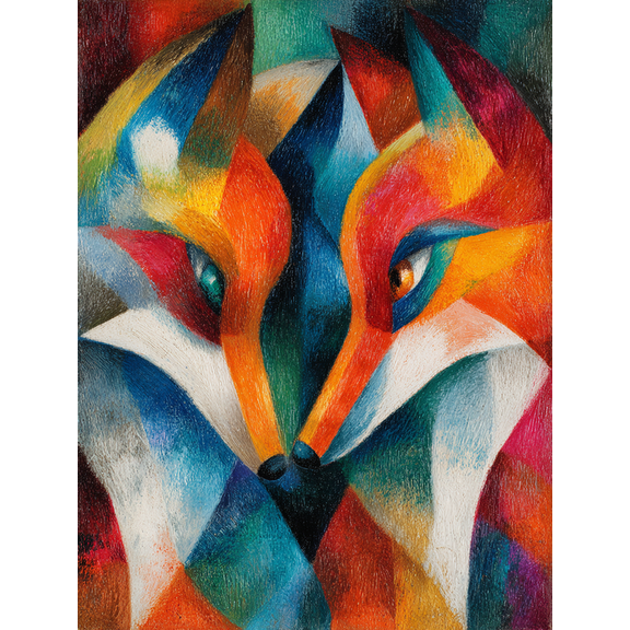 Two Foxes Cubism Canvas Print, Modern Animal Wall Art for Living Room Bedroom Office Hallway Home Decor