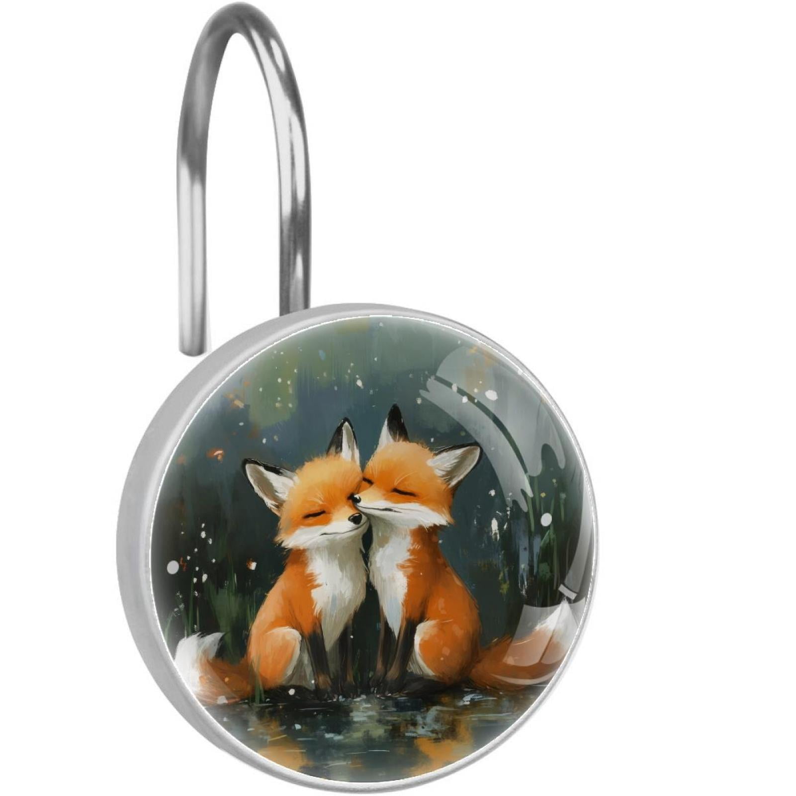 Two Foxes Painting Shower Curtain Hooks Round Crystal Glass, Set of 12 Shower Curtain Rings - Shower Hooks for Curtain Shower Rings