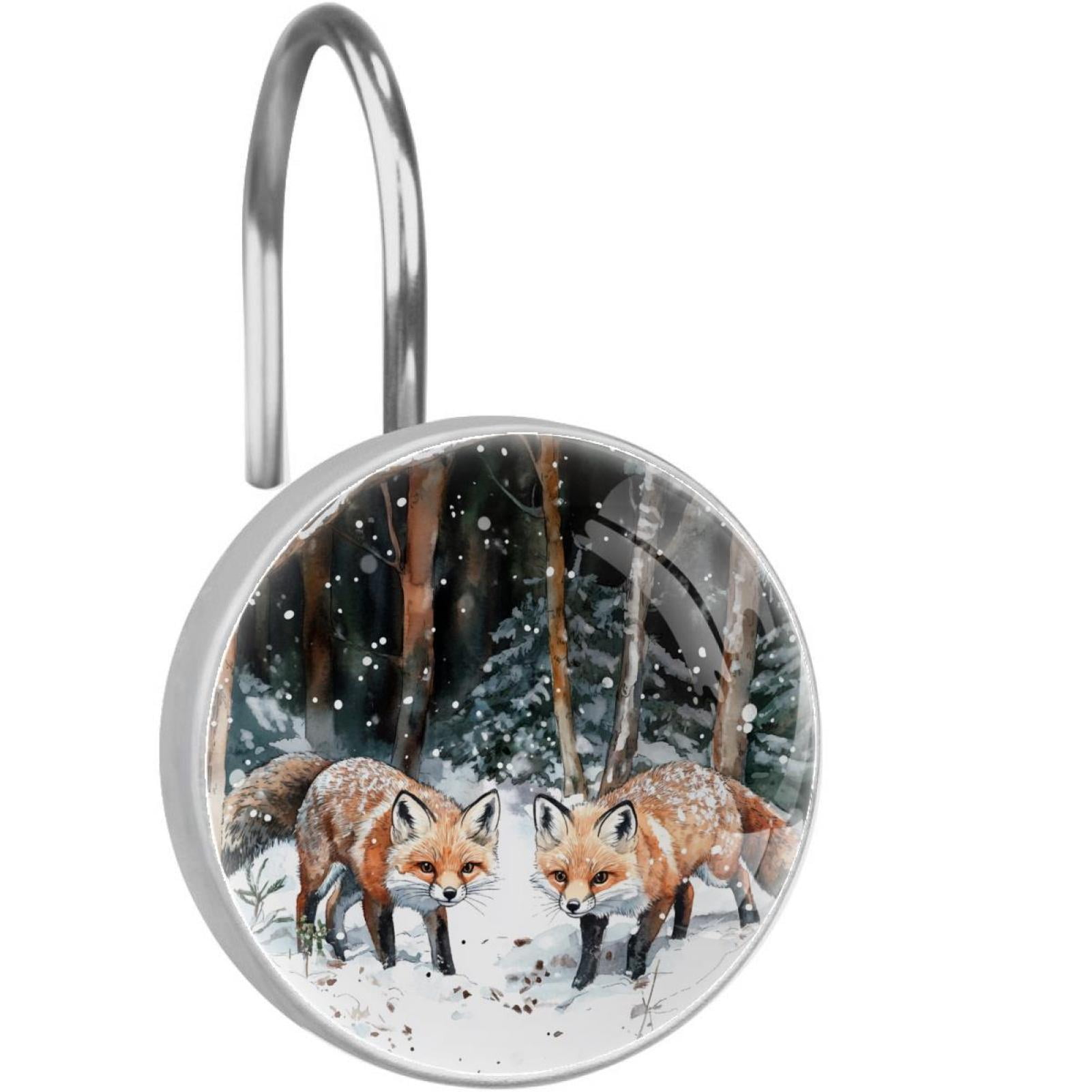 Two Foxes on Snow Tree Forest Shower Curtain Hooks Round Crystal Glass, Set of 12 Shower Curtain Rings - Shower Hooks for Curtain Shower Rings