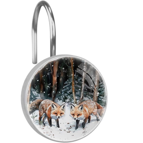 Two Foxes on Snow Tree Forest Shower Curtain Hooks Round Crystal Glass, Set of 12 Shower Curtain Rings - Shower Hooks for Curtain Shower Rings