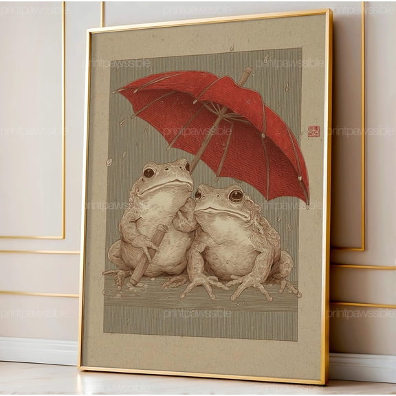 Two Frogs Sharing Umbrella Print Retro Engraving Style Animal Art Sage Green Whimsical Decor Unframed Paper Print