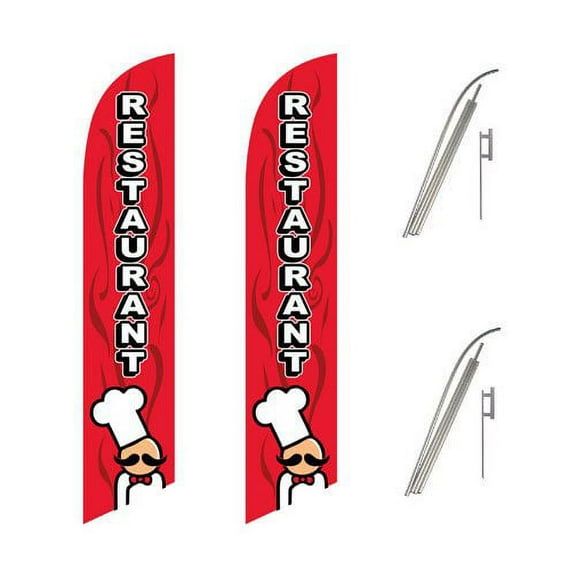 Two Full Sleeve Swooper Flags w/ Poles & Spikes RESTAURANT Red White Chef Pic
