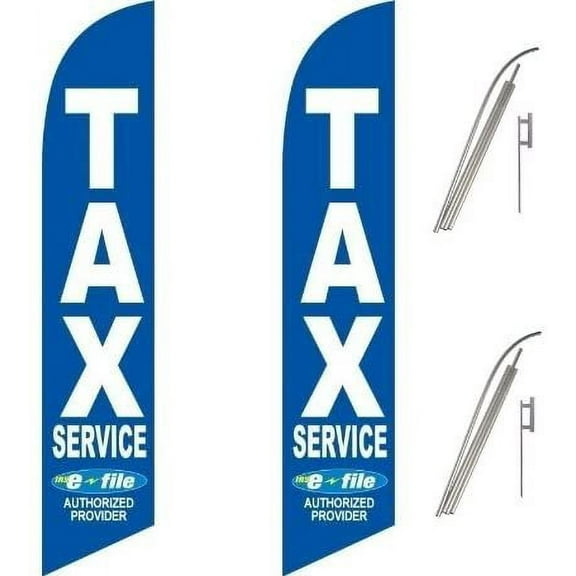 Two Full Sleeve Swooper Flags w/ Poles & Spikes TAX SERVICE IRS e-FILE Blue White