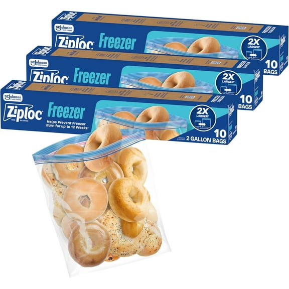 Two Gallon Food Storage Freezer Bags, 30ct Total, Easy Open and Close, 10 Count, Pack of 3 (Packaging May Vary)