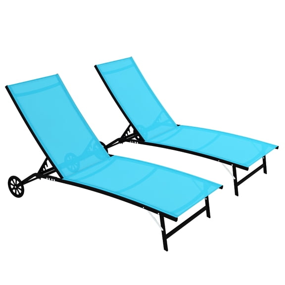 Two Garden Bench With 63" Shared Seat, Backless Wooden Outdoor For Porch, Patio, Balcony, Yard Blue Chaise Lounge Wheels And Adjustable Features Beach, Yard, Pool