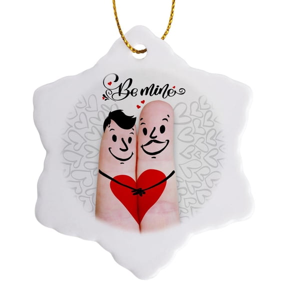 3drose, Two Gay Male Faces Drawn on Fingers for Fun Gay Valentine Be Mine, 3 inch Snowflake Porcelain Ornament