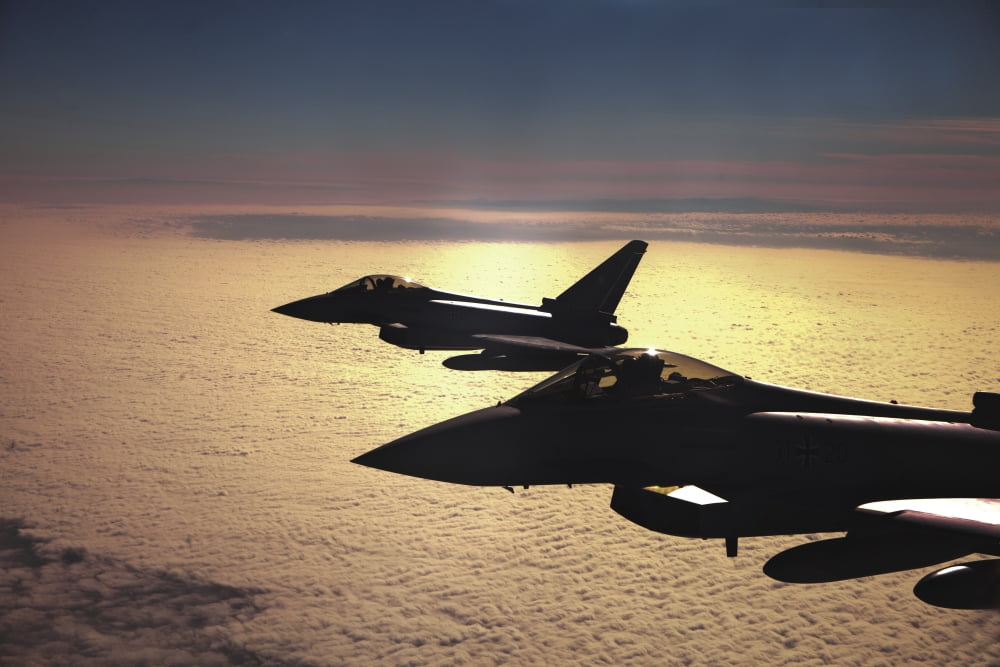 Two German Air Force Eurofighter Typhoons over France Canvas Art - Timm ZiegenthalerStocktrek Images (17 x 12)