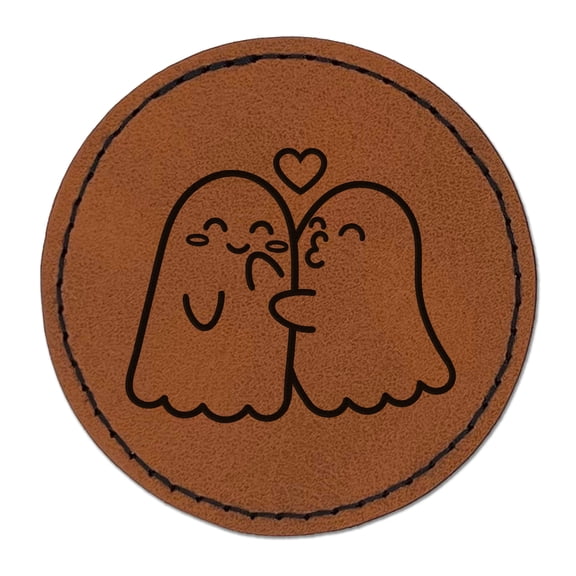 Two Ghosts in Love Kissy Face Halloween 2.5" Faux Leather Round Engraved Iron-On Patch - Brown