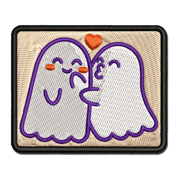 Two Ghosts in Love Kissy Face Halloween Applique Multi-Color Embroidered Iron-On Patch - 2.0 Inch Mini