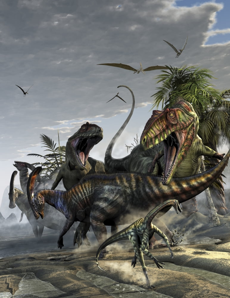 Two Giganotosaurus trying to capture a Parasaurolophus Canvas Art - Kurt MillerStocktrek Images (13 x 16)