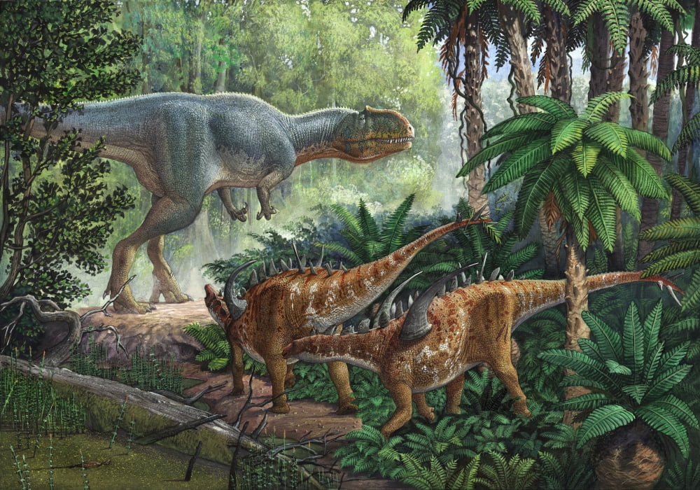 Two Gigantspinosaurus fearful at the sight of a large Yangchuanosaurus Canvas Art - Sergey KrasovskiyStocktrek Images (34 x 24)
