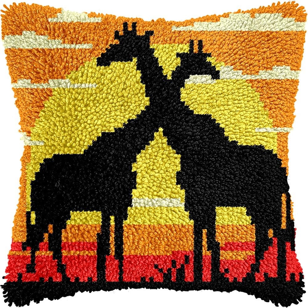 Two Giraffe under Sunset Latch Hook Pillow Cover Kits for DIY Handmade Throw Pillow Cross Stitch Latch Hooking Pillowcase Kits with Preprinted Color Pattern Canvas Crochet Yarn Kits 17''X 17''(7-178)