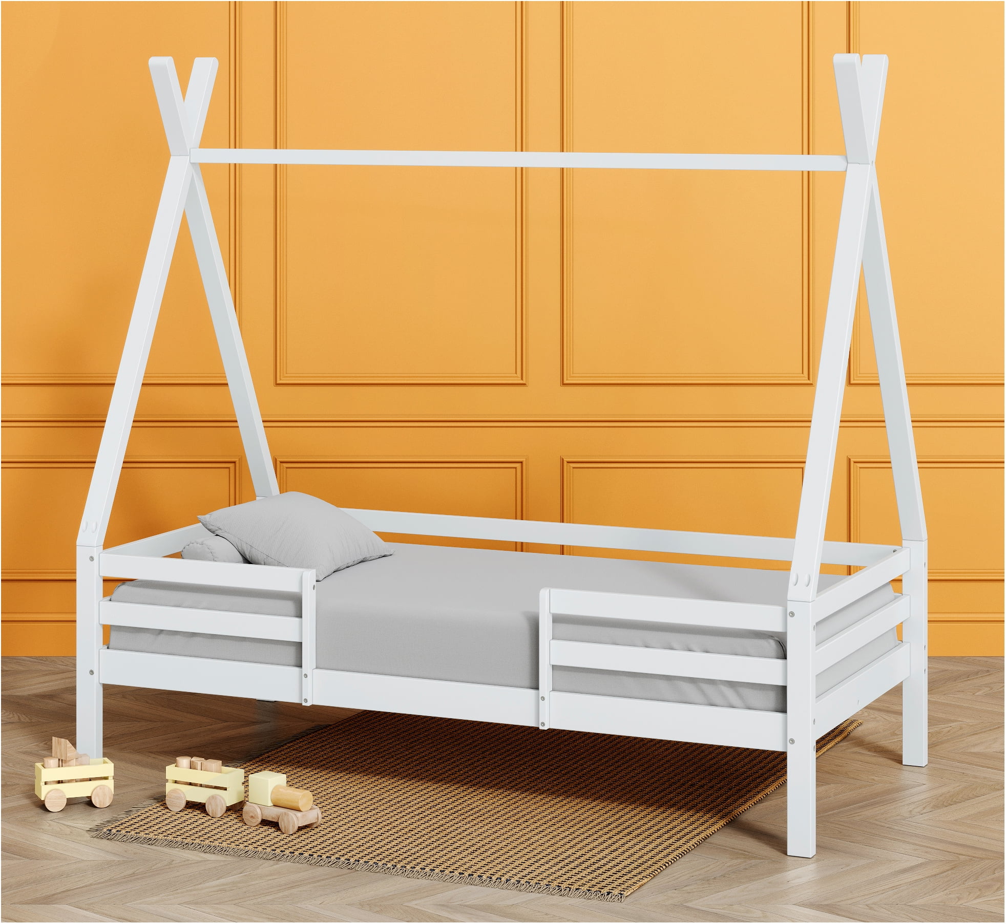Two Giraffes House Bed with Rails Teepee Bed for Kids All Solid Wood Toddler House Bed Frame