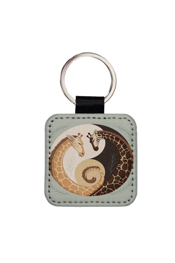 Two Giraffes Yin Yang Faux Leather Square Keychain