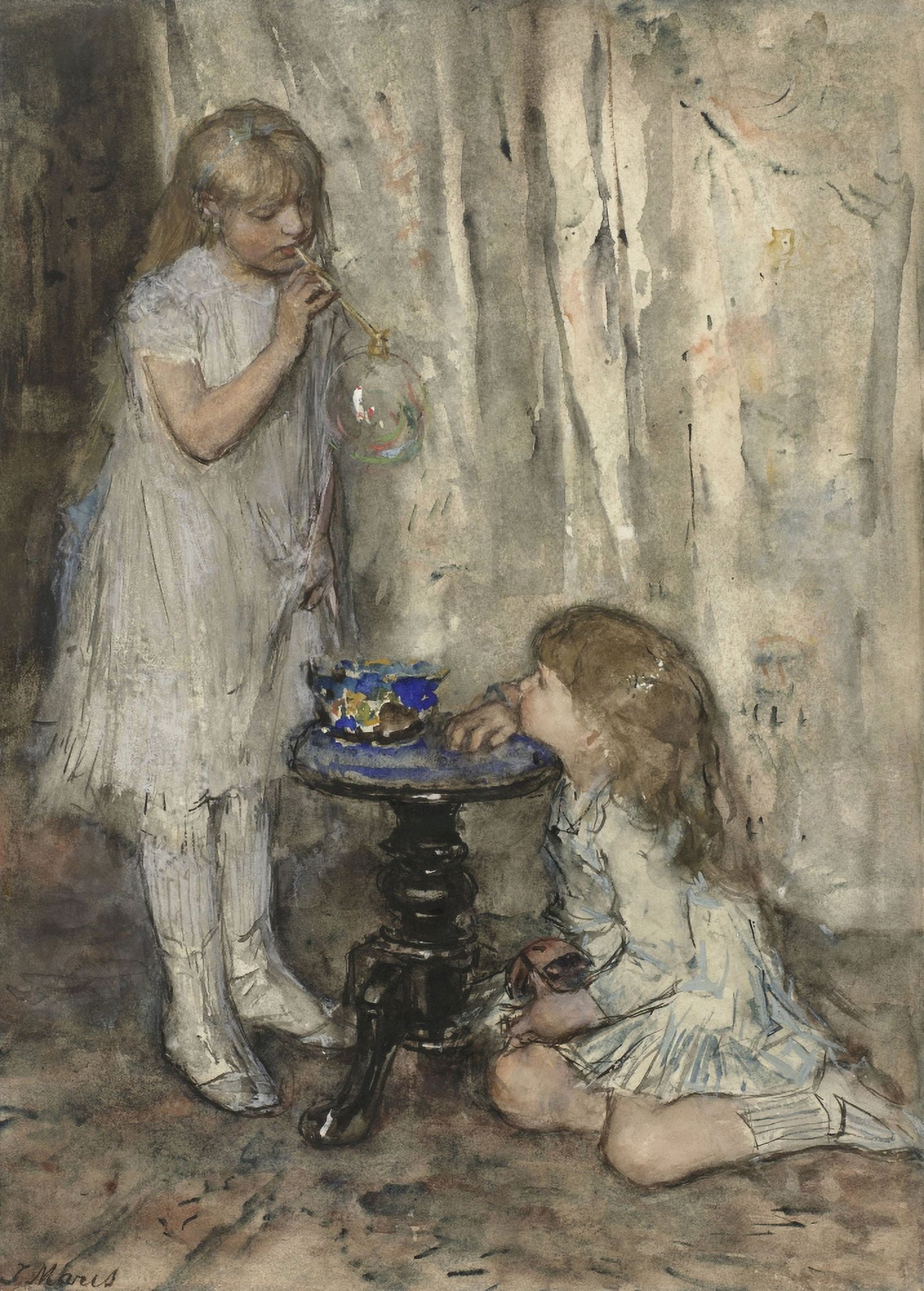 Two Girls Blowing Bubbles Canvas Art - (18 x 24)