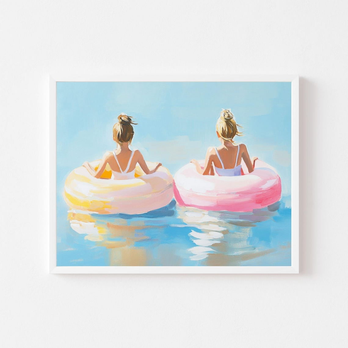 Two Girls In Inner Tubes Painting Pastel Summer Pool Wall Art Print ...