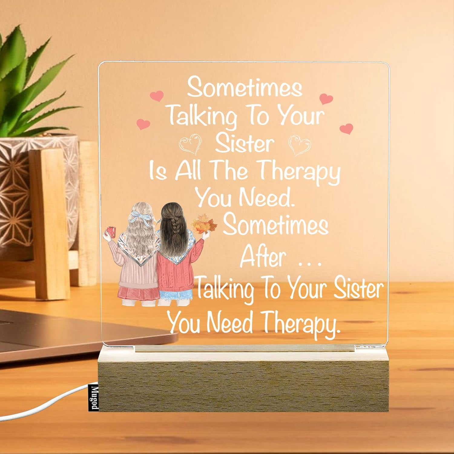 Two Girls Night Lights, Sister Friendship Cute Funny Quotes 3D Illusion Lamp Engraved Night Light LED Wooden Table Lamp, Gifts for Sister Girls Family Birthday Holiday