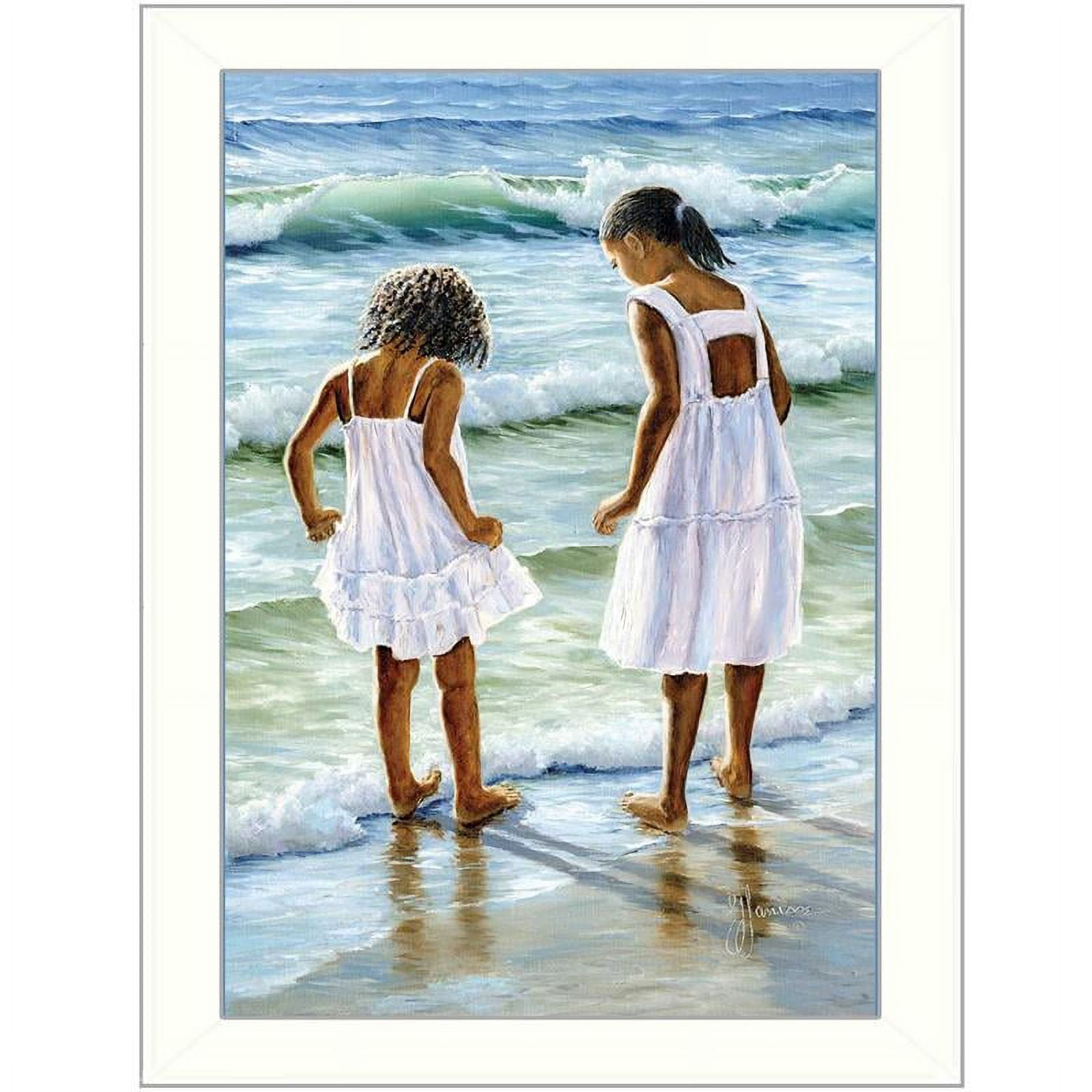 Two Girls at the Beach White Framed Canvas Print