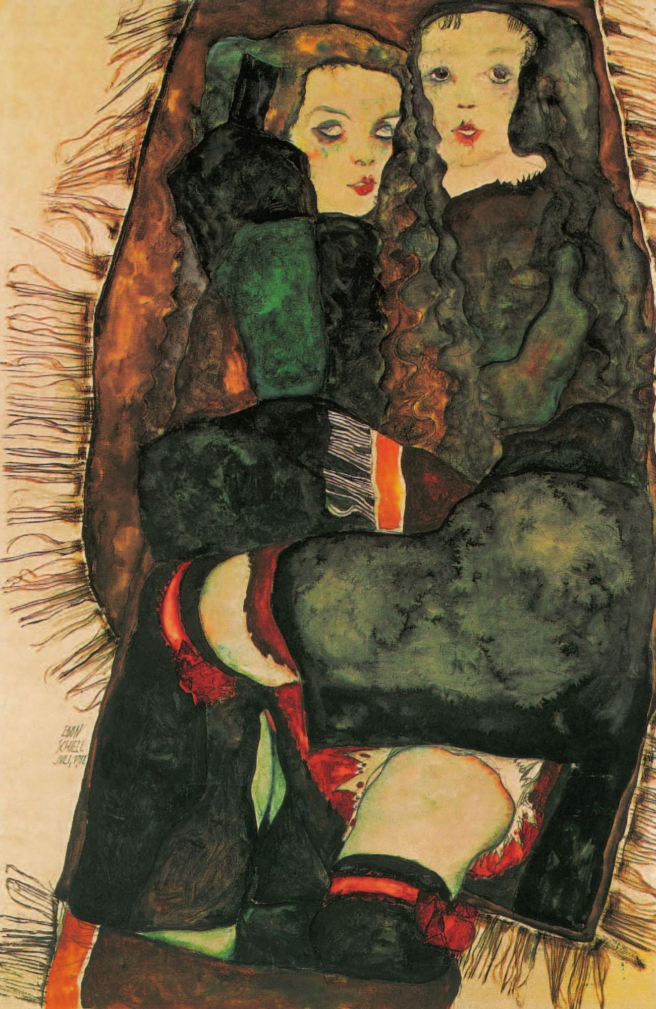 Two Girls on Fringed Blanket 1911 Canvas Art - Egon Schiele (18 x 24)
