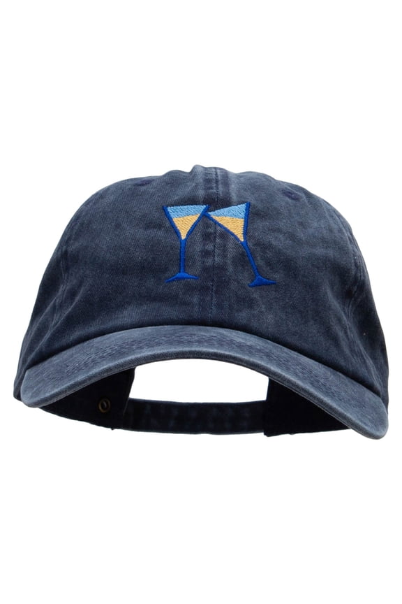 Two Glasses of Wine Embroidered Unstructured Pigment Dyed Cotton Cap - Navy OSFM