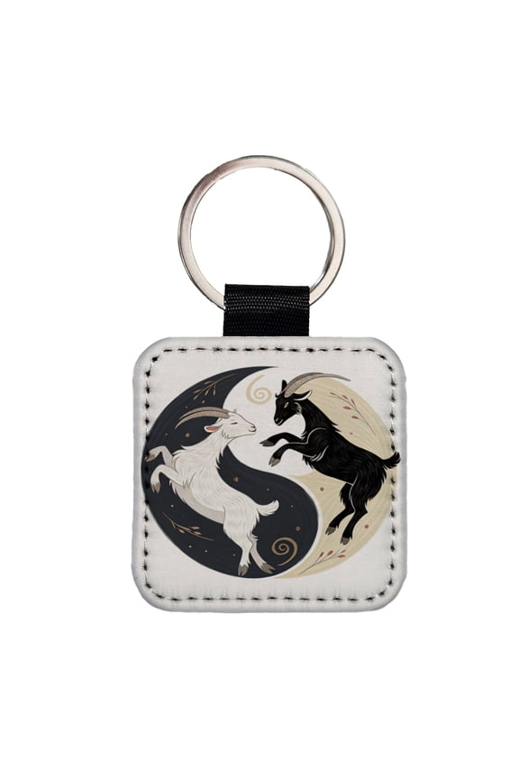 Two Goats Yin Yang Faux Leather Square Keychain