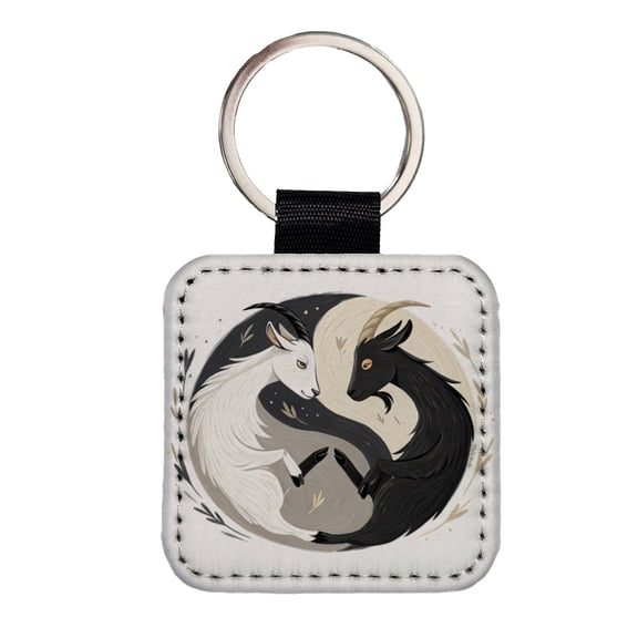 Two Goats Yin Yang White Black Faux Leather Square Keychain