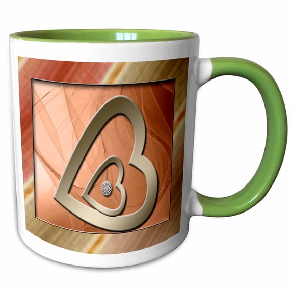 3drose, Two Gold Hearts with Jewel, Peach, 15oz Two-tone Green Mug