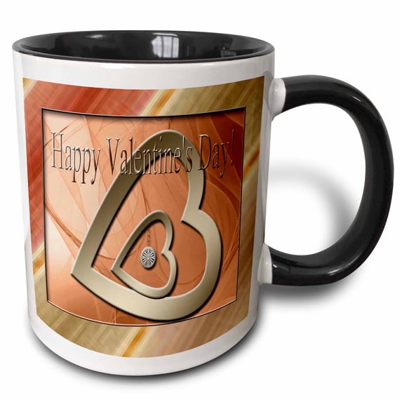 3drose, Two Gold Hearts with Jewel, Peach, Happy Valentines Day, 15oz Two-tone Black Mug